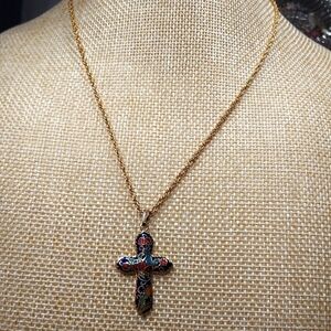 Gold tone chain, Cloisonne cross pendant